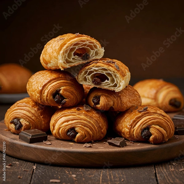 Fototapeta Artistic stack of golden-brown pain au chocolat pastries with visible chocolate filling, some halved to reveal the layers, on a round wooden board with chocolate pieces and shavings.