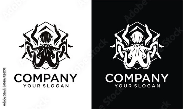 Fototapeta Creative Template for logos, labels and emblems with white silhouette of octopus. Vector illustration.