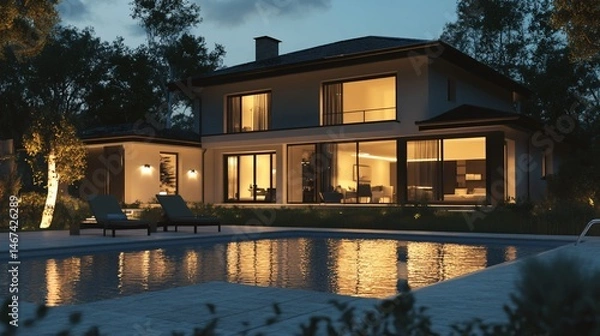 Obraz Luxury Modern Home Nighttime Poolside View