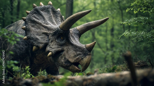 Fototapeta Massive triceratops stands in sunlit clearing, horns and frill of this dinosaur with textured skin. Heavily armored triceratops, ancient strength and peaceful herbivore presence in prehistoric world