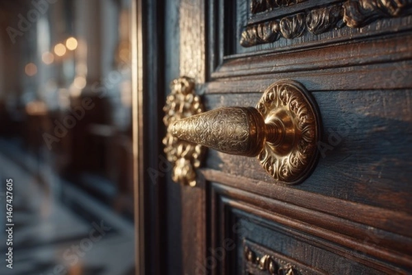 Fototapeta Ornate golden door handle on a vintage wooden door, adding touch of luxury, and creating a sense of entry and possibility
