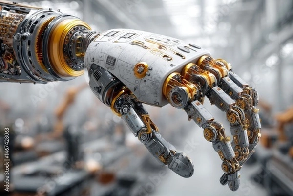 Fototapeta Detailed Close-Up of a Robotic Hand with Intricate Mechanical Design and Golden Accents on Blurred Production Floor