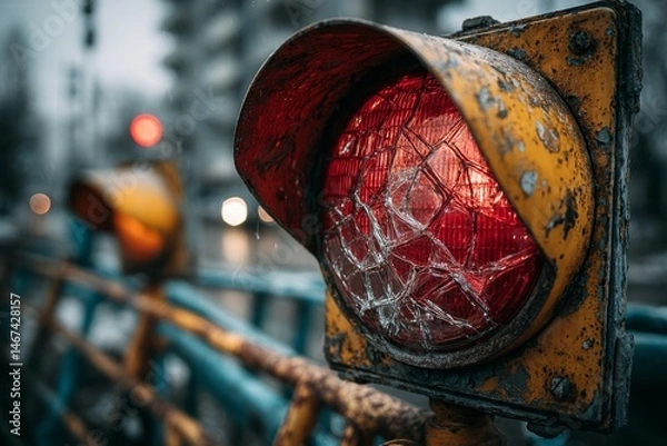 Fototapeta Damaged traffic signal displaying a broken red light, mounted on railing with weather elements and blurred city lights backdrop