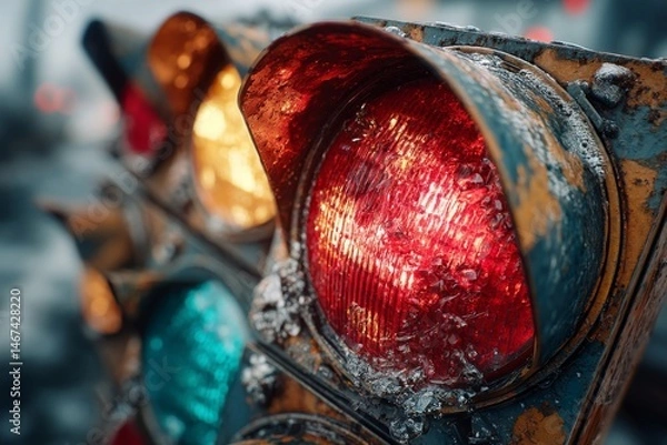 Fototapeta Old Traffic Signal with Red Light Illuminating and Frozen Ice Crystals on Surface, Rusty Fixture and Blurred Background
