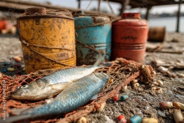 Fototapeta Freshly caught fish lying on weathered netting with old rusty metal cans on aged wood dock near water