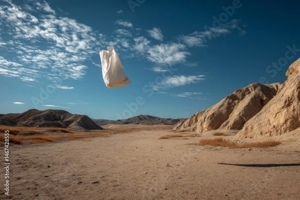 Fototapeta Plastic bag soars above barren desert landscape with clear blue sky and sparse shrubs, representing environmental pollution and waste.