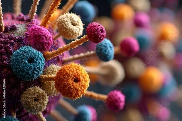 Fototapeta Vibrant close-up of complex textured sphere with smaller colorful globes projecting outwards, abstract, macro