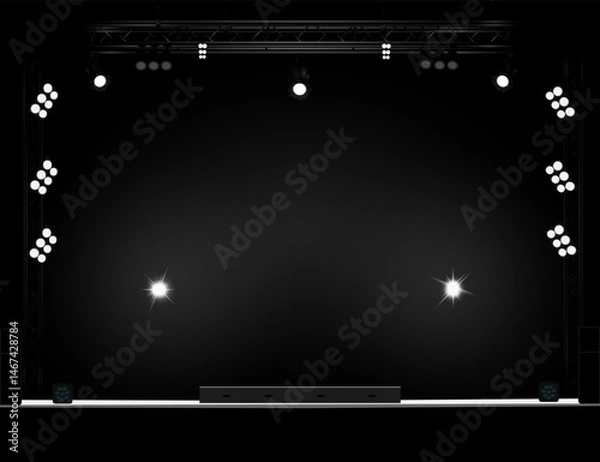 Fototapeta Brightly lit empty stage in black and white tones, trusses, side stands with many lights, black speakers, dark background, white platform. For events, presentations. Vector illustration EPS10.