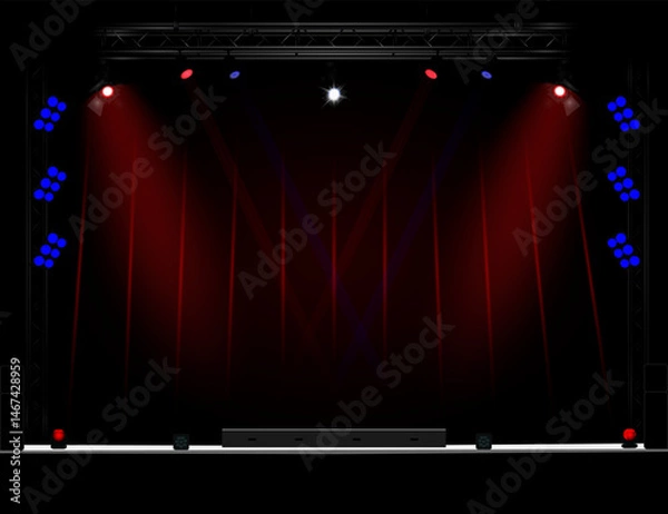 Fototapeta Brightly lit empty stage with red and blue lighting, trusses, side stands with round lamps, black speakers on the sides, dark background with red highlights. For events. Vector EPS10 illustration.