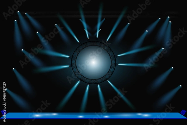 Fototapeta Vector illustration. Bright stage with central round screen, effectively illuminated by numerous blue spotlights. Ready stage for performance, presentation or event. EPS10.
