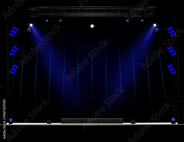 Fototapeta Empty stage with blue lighting, trusses with spotlights, side stands with round lights, black speakers on the sides, dark background with vertical stripes, white platform. EPS10 vector illustration.
