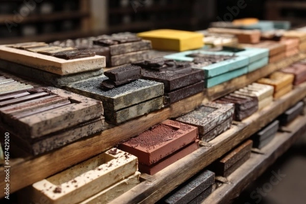Fototapeta Delicious assortment of chocolate candies displayed on a wooden rack, showcasing various textures and rich flavors