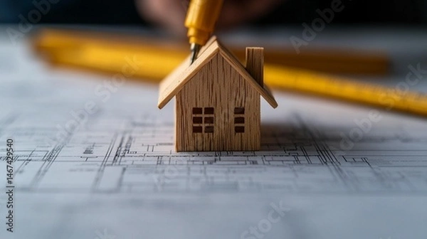 Fototapeta Wooden model house on blueprints