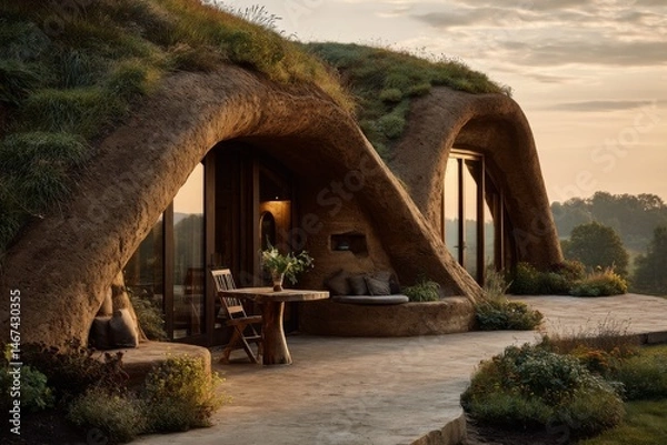 Fototapeta Unique Earth House Exterior with Grass Roof, Table, Chair, Landscape and Nature Views featuring Sustainable Home Design in Soft Light