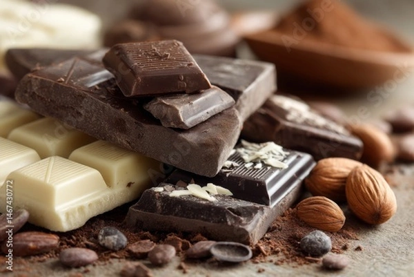Fototapeta Assorted chocolate squares with almonds and cacao powder create decadent still life, ideal for confectionery promotions
