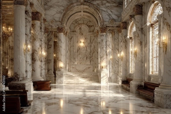 Fototapeta Grand Interior View of Marble Hall with Golden Accents and Natural Light Streaming Through Ornate Windows, Classical Architecture