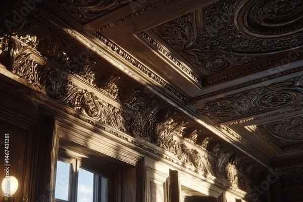 Fototapeta Ornate Woodwork Featuring Intricate Carvings on Ceiling and Walls, Bathed in Warm Light, Showing Glimpse of Blue Sky