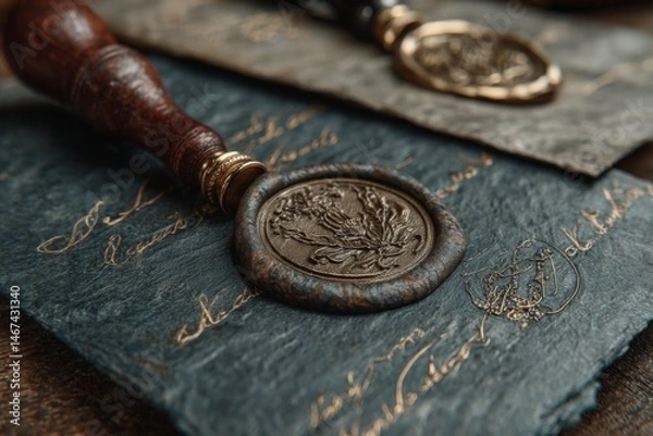 Fototapeta Close-up of Aged Wax Seal Stamp with Eagle on Dark Paper Covered with Antique Script, Wooden Handle