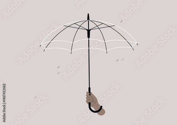 Obraz Unique transparent umbrella displayed against simple backdrop, showcasing elegance and utility during a rainy day in a vibrant urban setting
