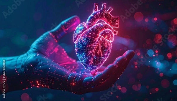 Obraz A cyber hand displaying a floating digital heart, transparent and filled with glowing circuits