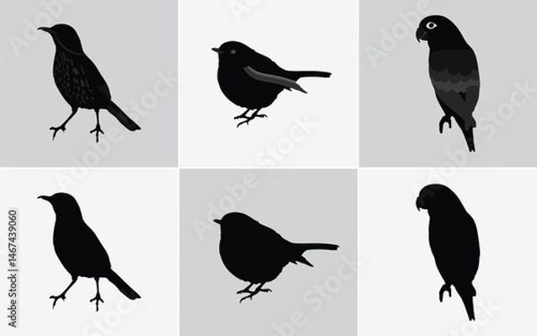 Fototapeta Six Minimalist Black Bird Silhouette Illustrations: Vector Icons for Web and Print Design, Black Bird Silhouettes Vector Set: Includes Finch, Sparrow, and Bunting Style Icons