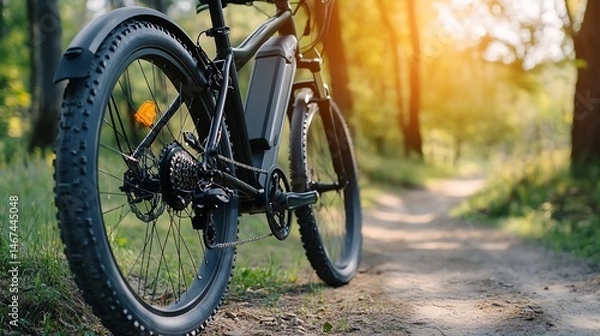Obraz Modern electric bicycle stands ready for an outdoor adventure in serene forest