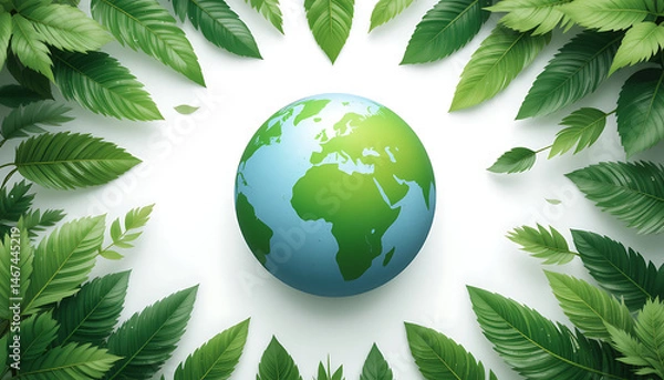 Obraz Earth Globe Surrounded by Green Leaves on White Background