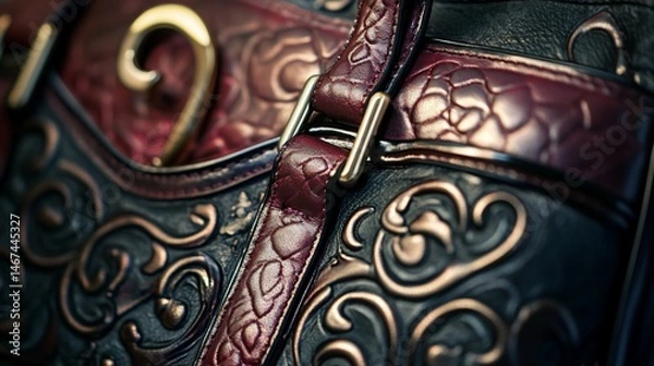 Fototapeta Detailed view of an ornately decorated handbag showcasing intricate textures