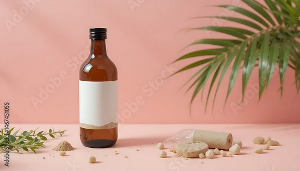 Obraz Brown Bottle with White Label and Natural Elements