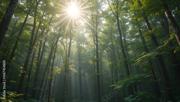 Obraz Forest with Sun Beams and Tall Trees
