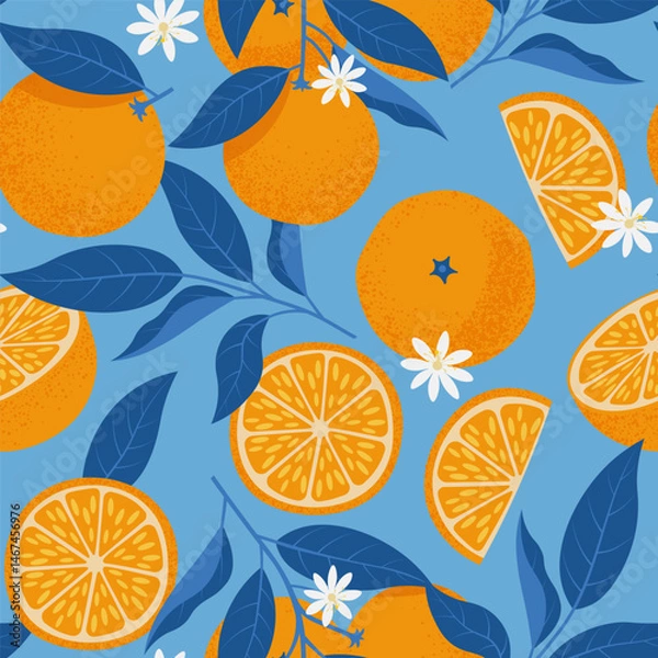 Fototapeta Oranges Seamless Pattern in Mediterranean style. Vector illustration in hand-drawn flat style