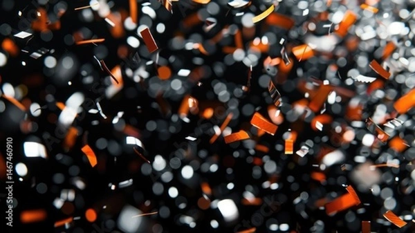 Fototapeta Floating orange and silver confetti against a dark background. Vibrant color of paper and confetti falling at dark background. Celebratory atmosphere with scattered sparkles. Festive and party. AIG53.