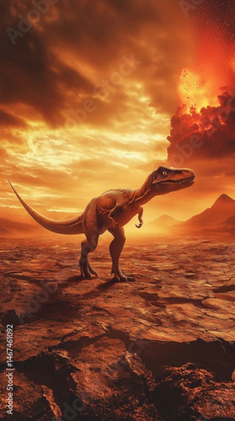 Fototapeta Alone dinosaur walking across cracked, barren earth under a fiery red-orange sky with volcanic eruption apocalyptic background for dramatic storytelling or educational content.