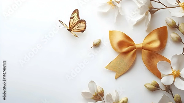 Fototapeta Delicate golden bow with floral accents and a butterfly on clean white surface
