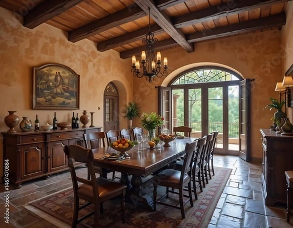 Fototapeta Rustic Mediterranean Dining Room with Open Glass Doors to Balcony