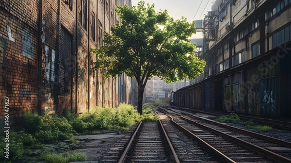 Fototapeta A tree thrives amidst urban decay, its vibrant green contrasting with the aged brick buildings and rusted railway tracks. A serene landscape of nature reclaiming the city.