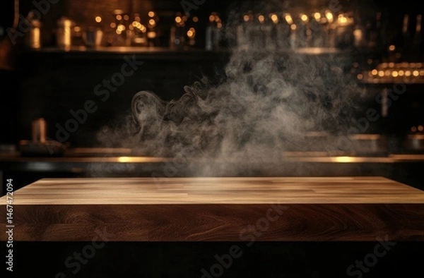 Fototapeta Empty wooden bar counter top with smoke