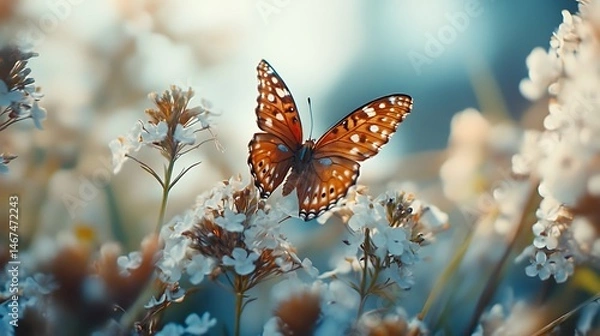 Fototapeta Butterfly resting on a cluster of delicate white flowers in soft sunlight.