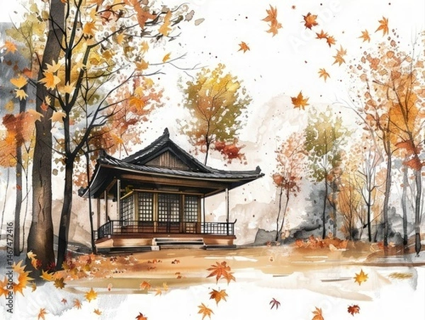 Fototapeta Golden autumn leaves falling around traditional tea house in forest scenic nature artwork tranquil environment