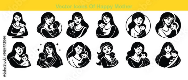 Fototapeta Vector art design set shows a Happy Mother icon in silhouette on white and black backgrounds. Vector illustration set of abstract shapes and symbols featuring a Happy Mother. Happy Mother's Day.