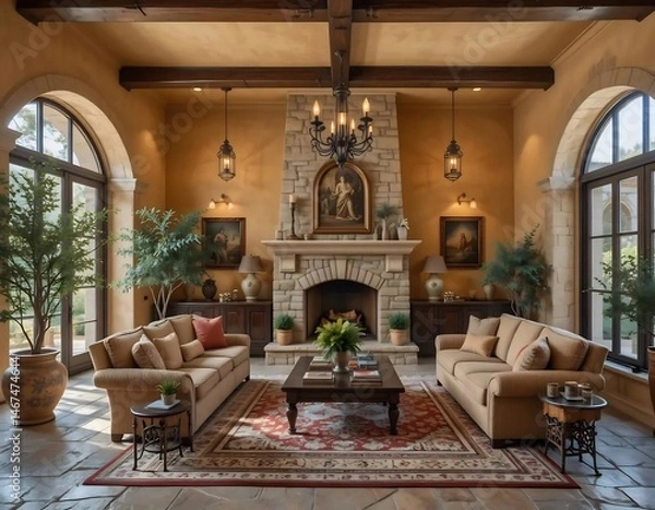 Fototapeta Luxurious Tuscan Living Room with Symmetrical Sofas and Stone Hearth