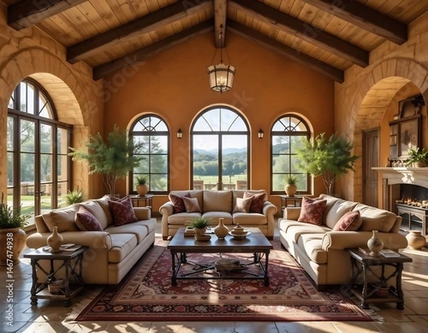 Fototapeta Spacious Tuscan Living Room with Warm Tones and Three Sofas