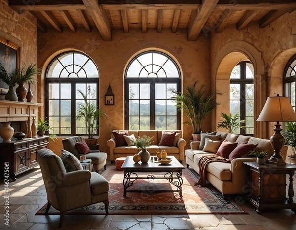 Fototapeta Bright Mediterranean Living Room with Large Arched Windows and Scenic Views