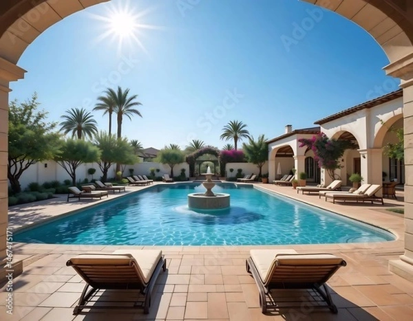 Fototapeta Luxurious Swimming Pool with Fountain and Palm Trees in Mediterranean Villa