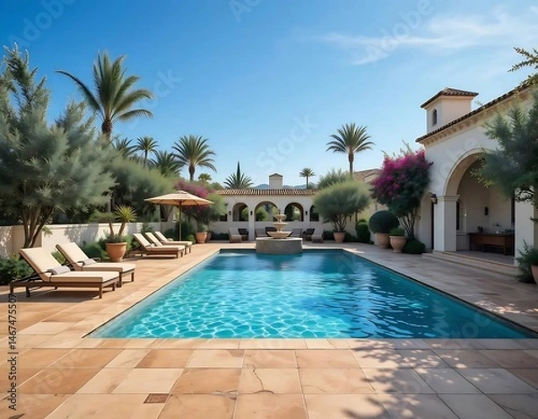 Fototapeta Mediterranean Courtyard with Swimming Pool, Loungers, and Blooming Trees