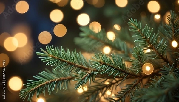 Fototapeta A serene close-up view showcasing a festive Christmas tree branch with bokeh lights.