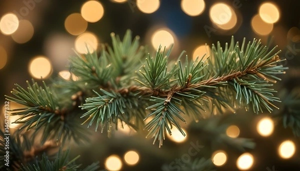 Fototapeta A macro shot of a fresh fir tree branch with blurred bokeh lights for christmas.