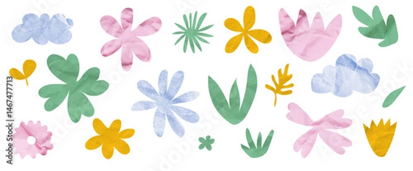 Obraz collection of abstract paper-cut style elements, various stylized flowers, leaves, clouds, and grass.  The elements hand-cut,  elements for children's projects, greeting cards, packaging or scrapbooki