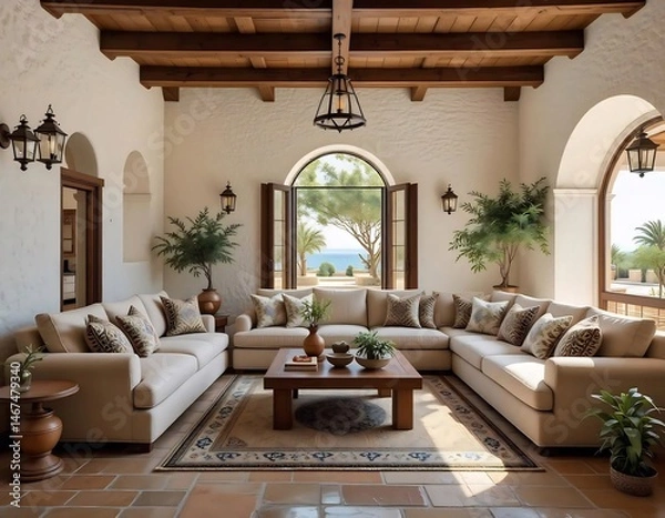Fototapeta Mediterranean Style Living Room with Beige Sofas and Ocean View