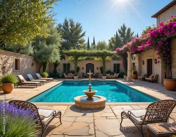 Fototapeta Luxurious Poolside Courtyard with Mediterranean Garden